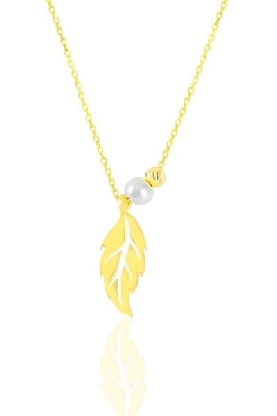 Gümüş altın yaldızlı incili yaprak kolye SGTL11421GOLD