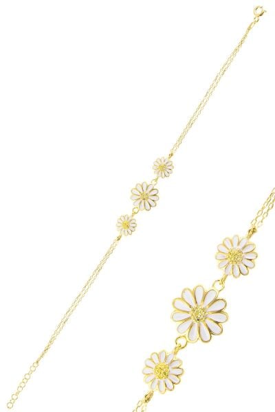Gümüş altın yaldızlı zirkon taşlı üçlü papatya bileklik SGTL10993GOLD
