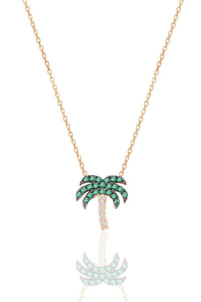 Gümüş rose yeşil taşlı palmiye kolye SGTL10303YSL