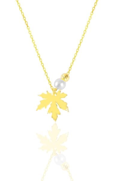 Gümüş altın yaldızlı incili çınar yaprağı kolye SGTL11420GOLD
