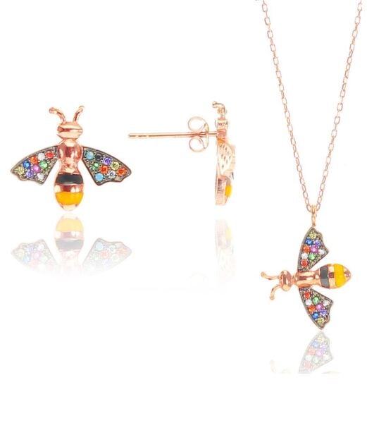 Gümüş mineli ve renkli taşlı arı ikili set SGTL8525
