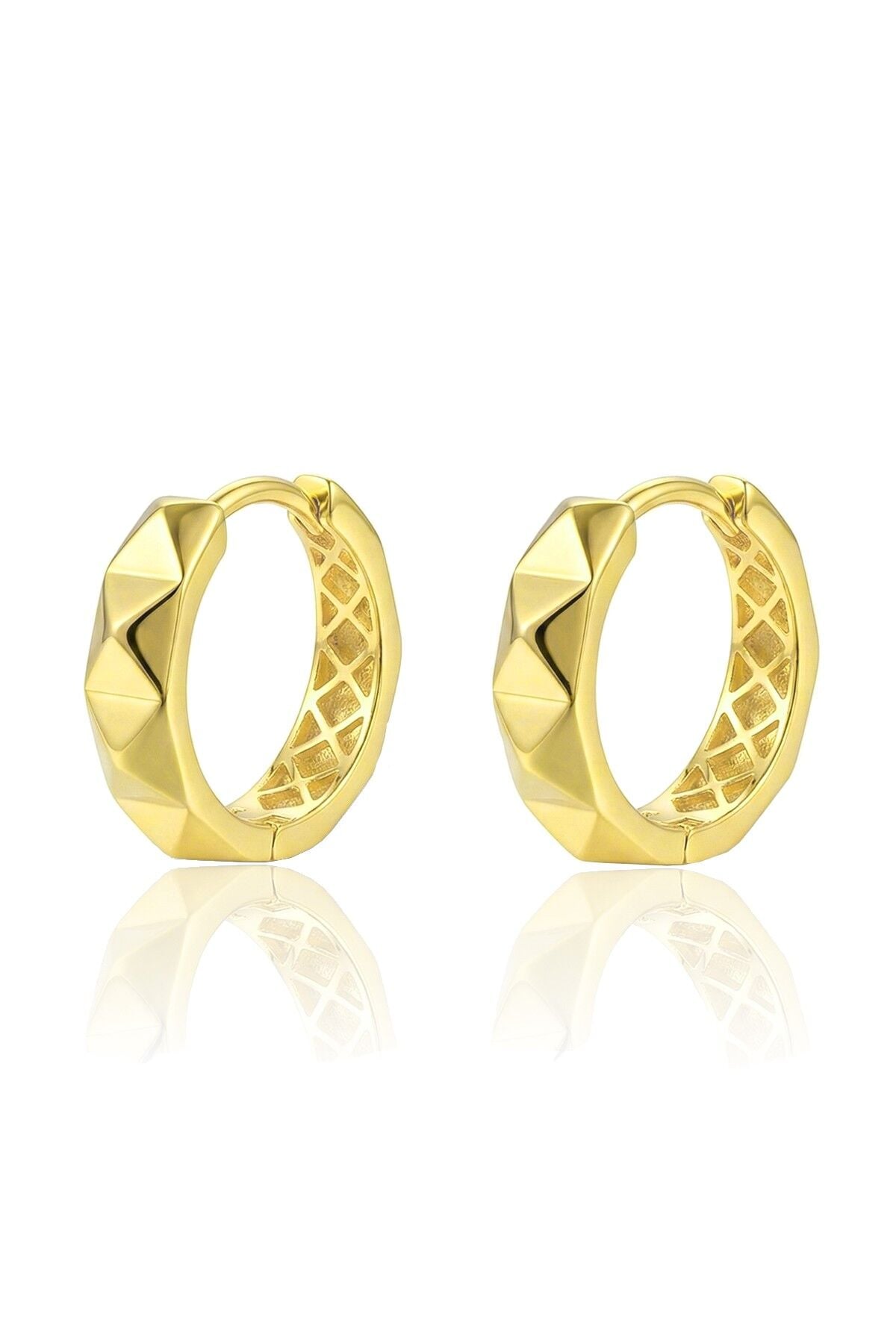 925 Ayar Gümüş küpe Üzeri Altın Kaplama Prizma Dokulu Modern Halka Küpe SGTL13188GOLD