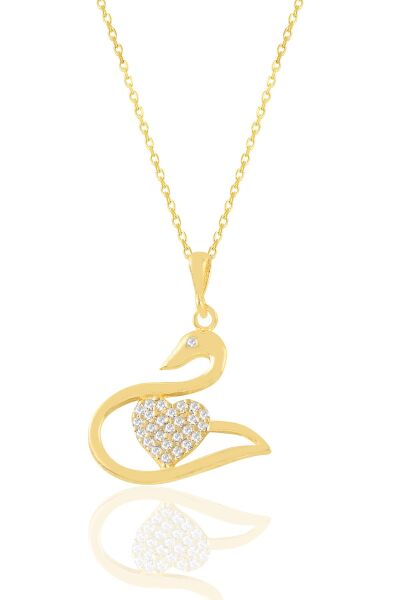 Gümüş altın yaldızlı zirkon taşlı kalpli kuğu kolye SGTL11027GOLD