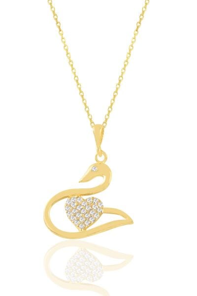 Gümüş altın yaldızlı zirkon taşlı kalpli kuğu kolye SGTL11027GOLD