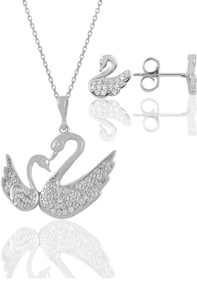 Gümüş rodyumlu zirkon taşlı kuğu kolye ve küpe seti SGTL11412RODAJ