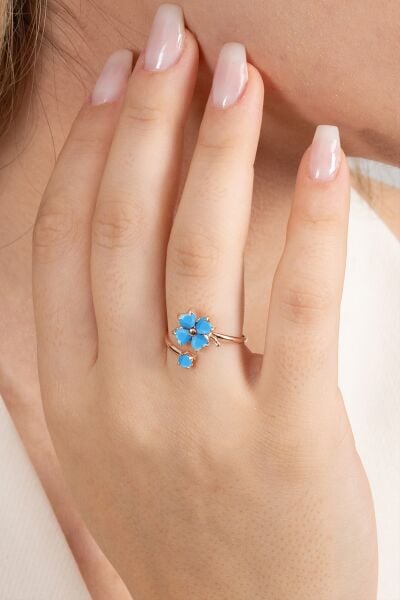 925 ayar gümüş yüzük rose turkuaz taşlı üstten ayarlamalı yonca modeli yüzük SGTL13126MAVI