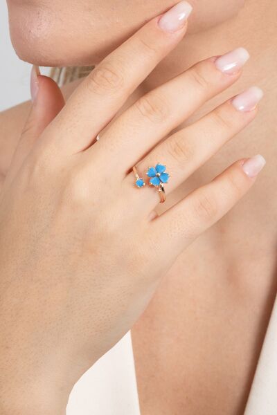 925 ayar gümüş yüzük rose turkuaz taşlı üstten ayarlamalı yonca modeli yüzük SGTL13126MAVI