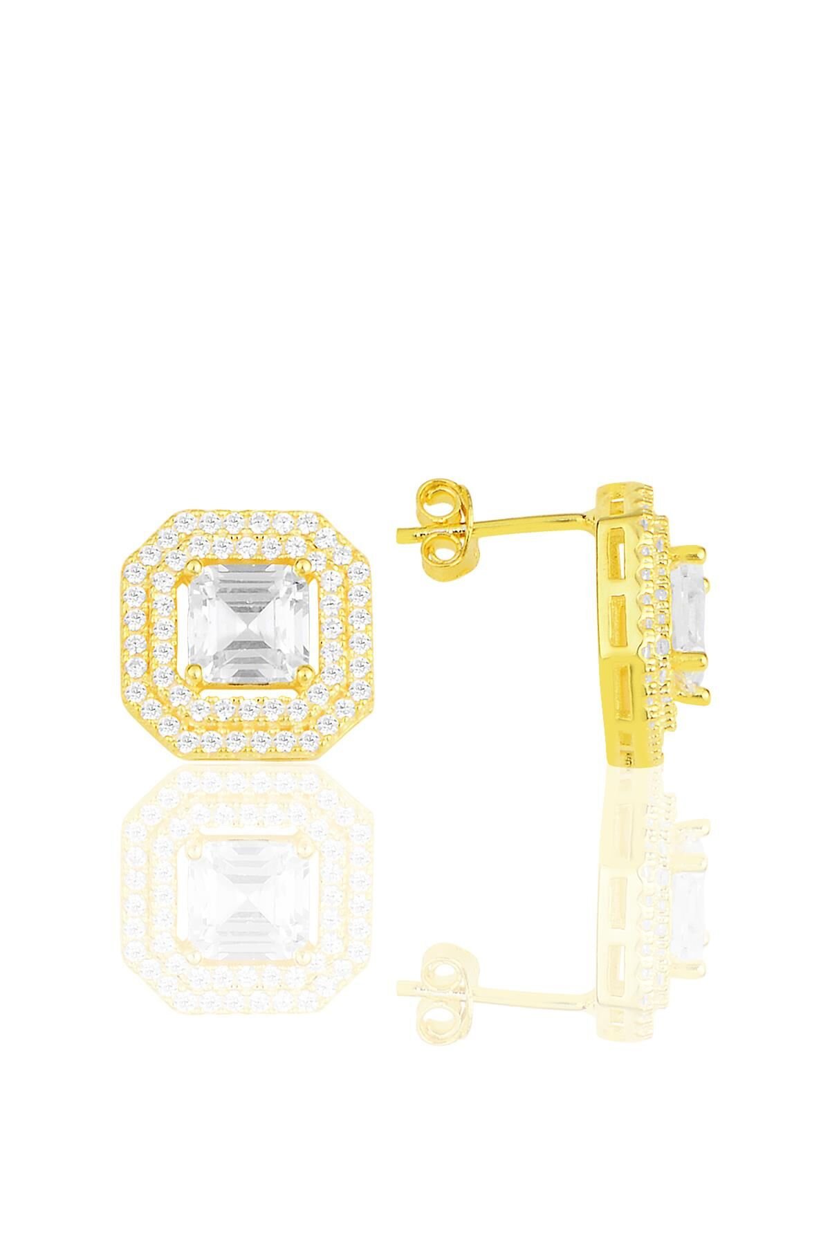 Gümüş altın yaldızlı özel tasarım baget kesim zirkon taşlı küpe SGTL11590GOLD