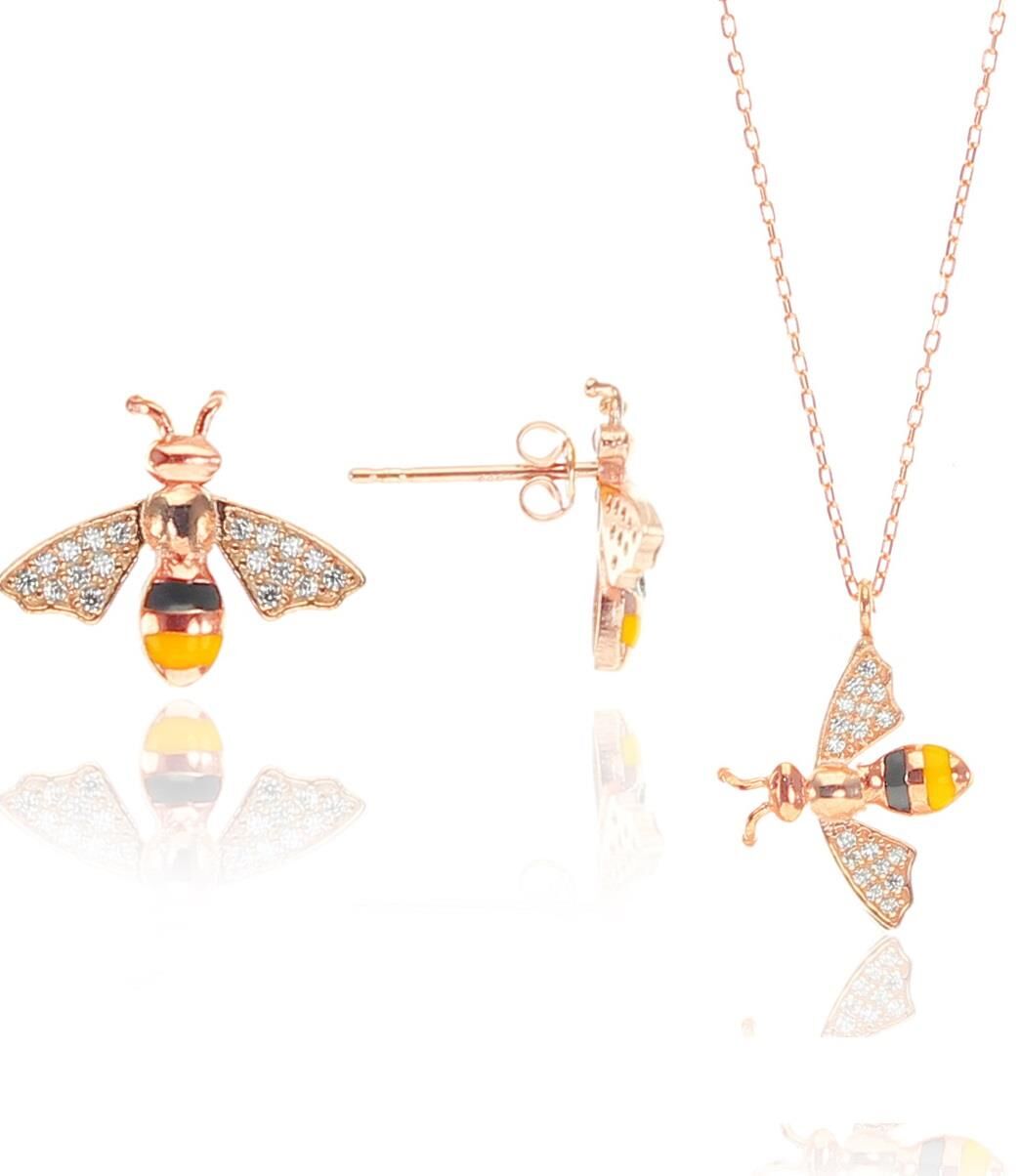 Gümüş mineli ve zirkon taşlı arı ikili set SGTL8527