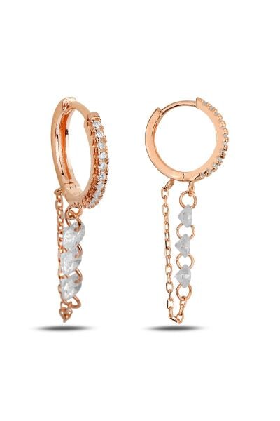 Gümüş rose zirkon, üç taşlı zincirli halka küpe SGTL11916ROSE