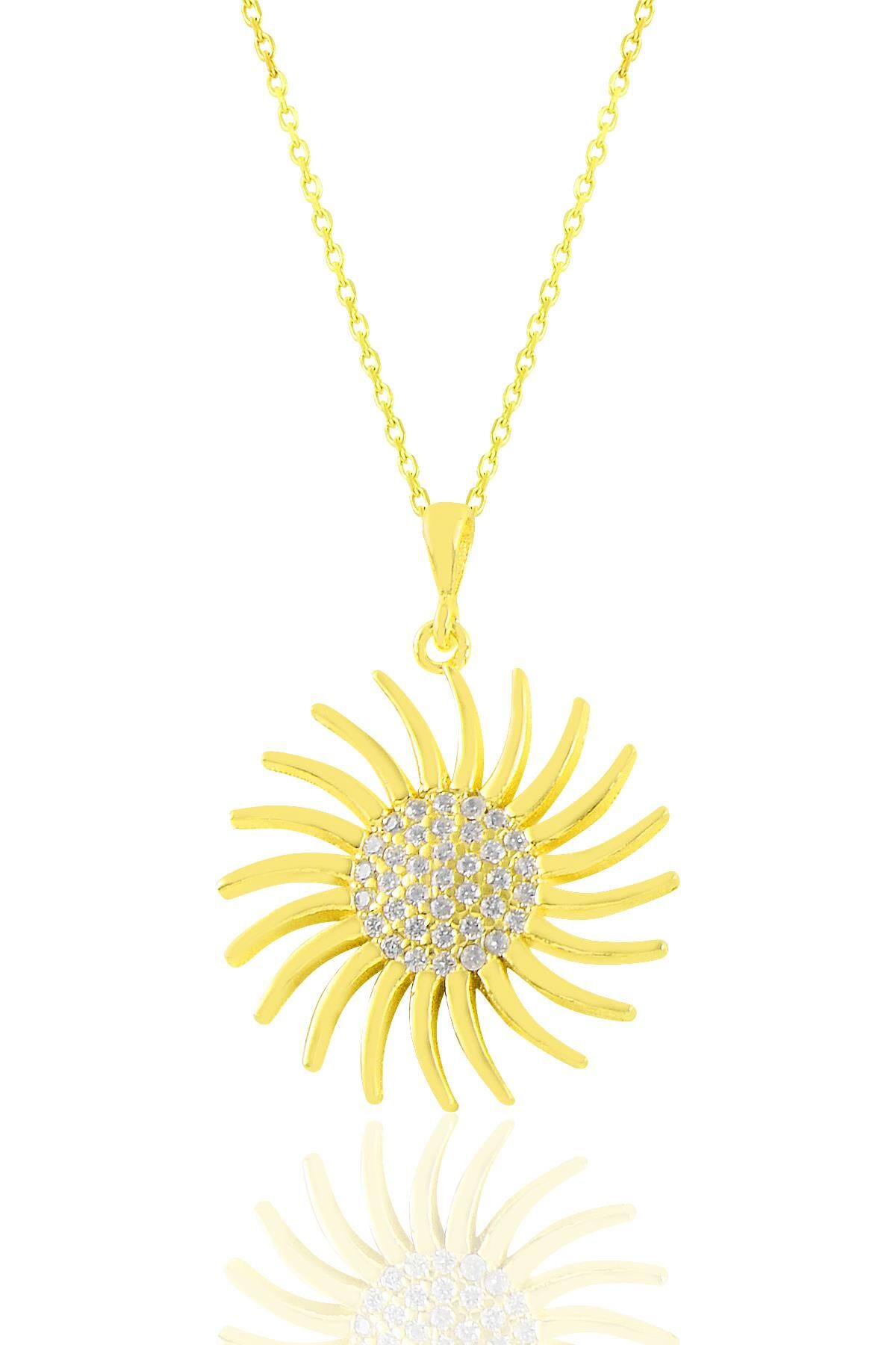 Gümüş altın yaldızlı zirkon taşlı güneş kolye SGTL11039GOLD