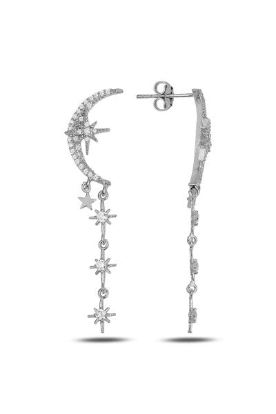 Gümüş rodaj zirkon taşlı tasarım ay , kutup yıldızı sallantılı küpe SGTL11915RODAJ