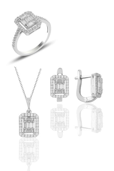 Gümüş rodyumlu  gümüş baget taşlı üçlü set SGTL10736RODAJ