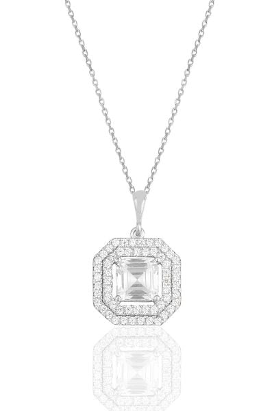 Gümüş rodyumlu özel tasarım baget kesim zirkon taşlı kolye SGTL11589RODAJ