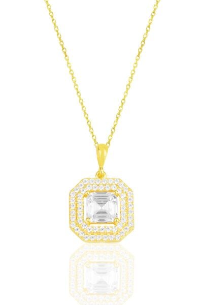 Gümüş altın yaldızlı özel tasarım baget kesim zirkon taşlı kolye SGTL11589GOLD
