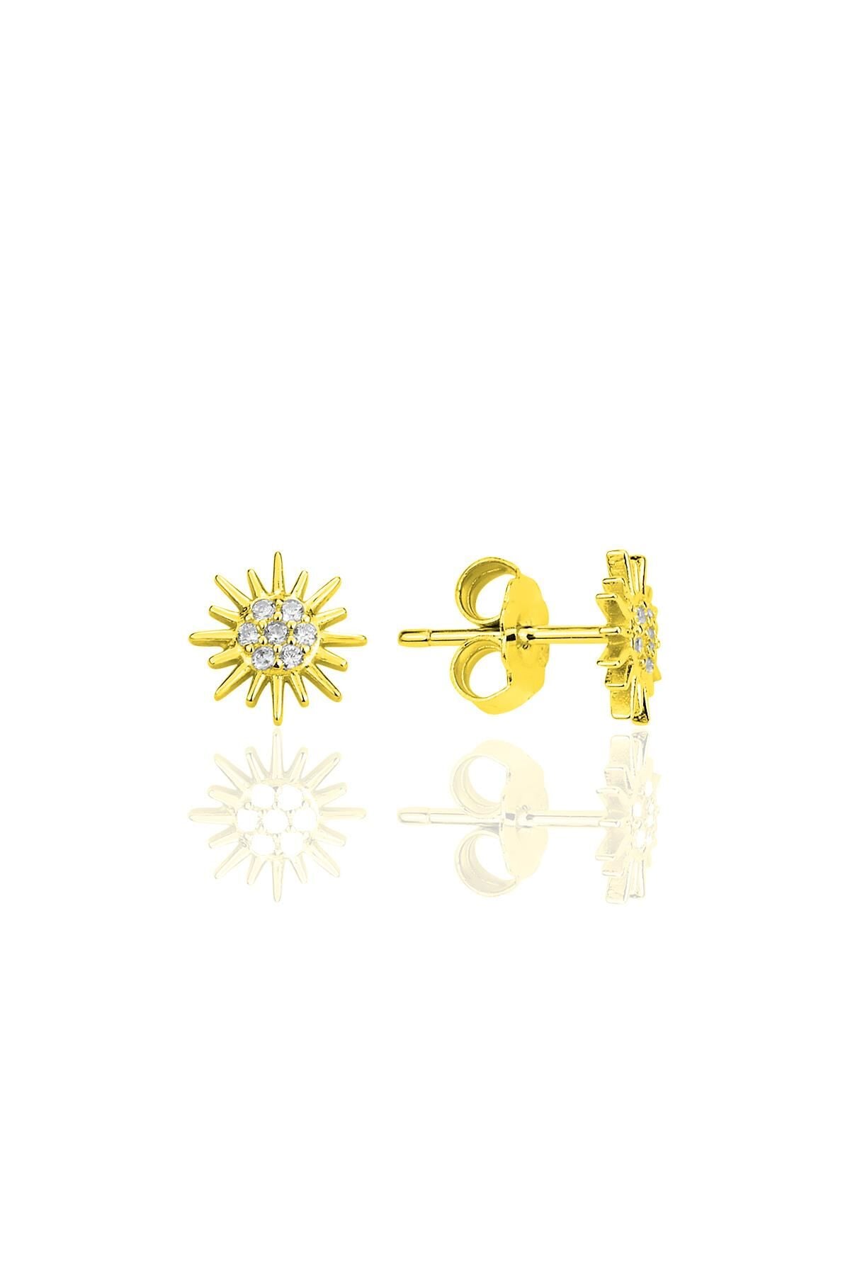 Gümüş altın yaldızlı zirkon taşlı  güneş küpe SGTL12333GOLD