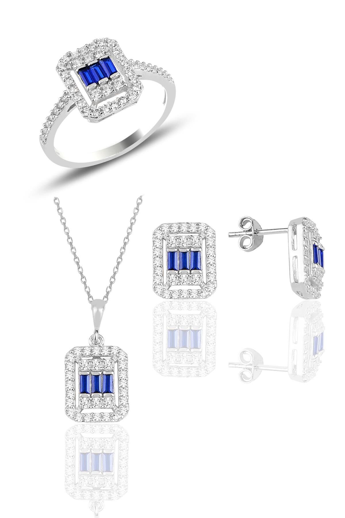 Gümüş beyaz altın rodyumlu baget kesim safir taşlı çizgili üçlü set SGTL11561LACIVERT