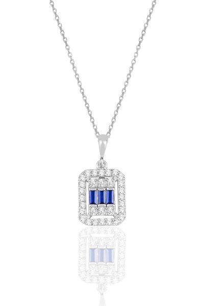 Gümüş beyaz altın rodyumlu baget kesim safir taşlı çizgili üçlü set SGTL11561LACIVERT