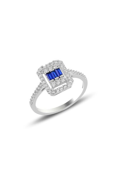 Gümüş beyaz altın rodyumlu baget kesim safir taşlı çizgili üçlü set SGTL11561LACIVERT