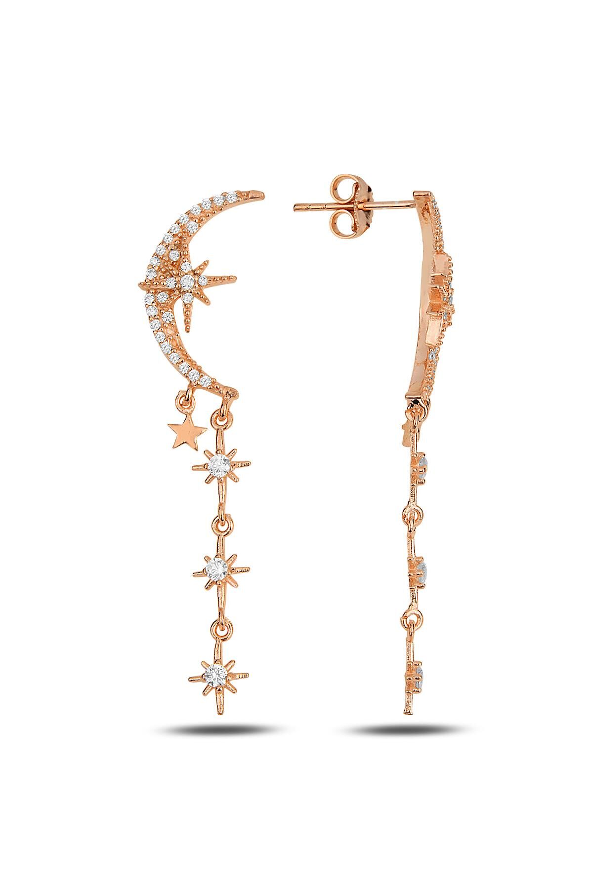 Gümüş rose zirkon taşlı tasarım ay , kutup yıldızı sallantılı küpe SGTL11915ROSE
