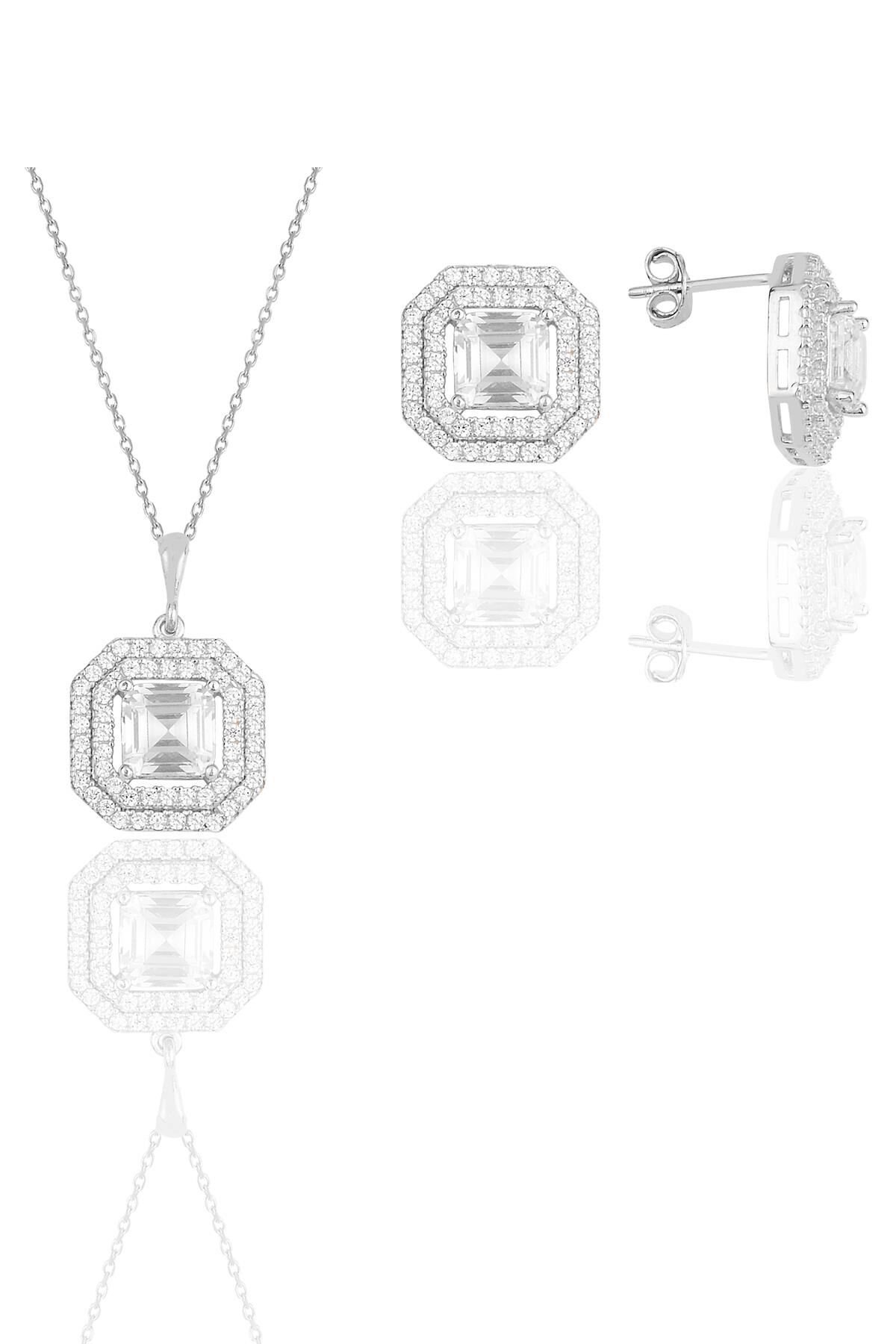 Gümüş rodyumlu özel tasarım baget kesim zirkon taşlı ikili set SGTL11588RODAJ