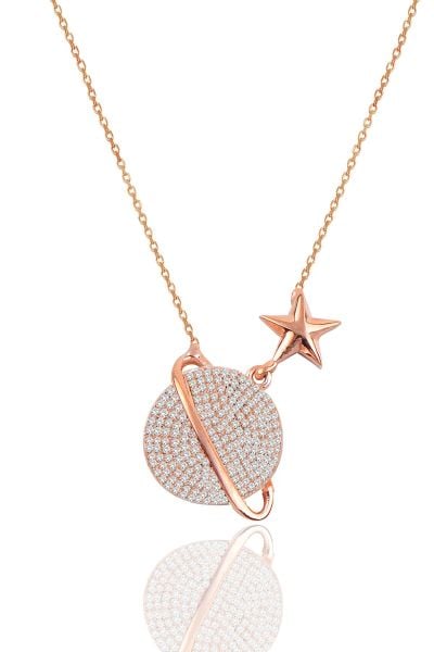 Gümüş rose zirkon taşlı satürn gezegen kolye SGTL12512BEYAZ