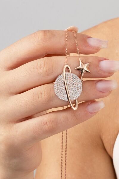 Gümüş rose zirkon taşlı satürn gezegen kolye SGTL12512BEYAZ