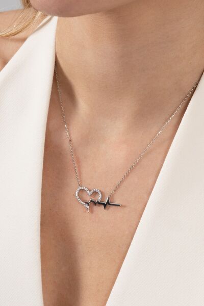 925 Ayar gümüş kolye rodyumlu zirkon taşlı kalbimin ritmi kolye SGTL13142RODAJ