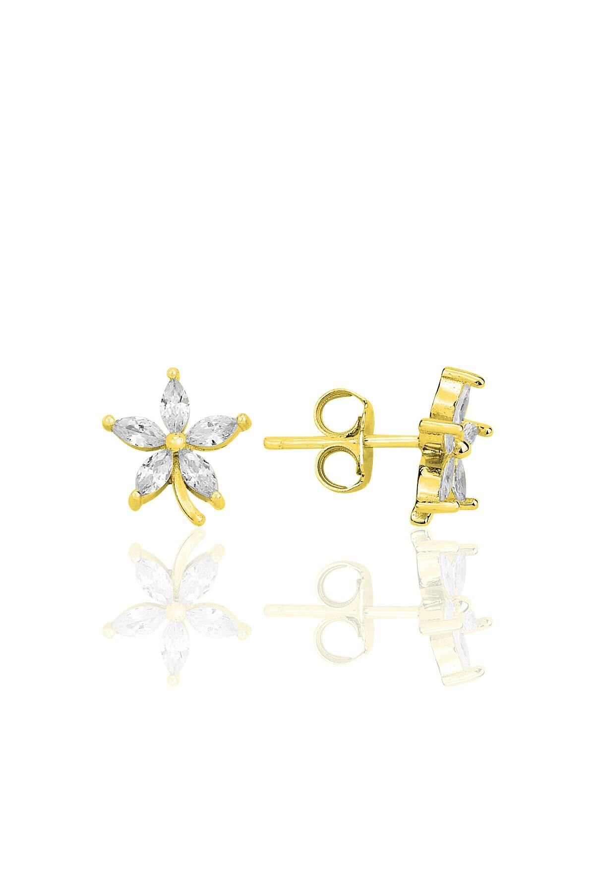 Gümüş altın yaldızlı mekik kesim zirkon taşlı lotus küpe  SGTL12336GOLD