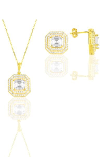 Gümüş altın yaldızlı özel tasarım baget kesim zirkon taşlı ikili set SGTL11588GOLD