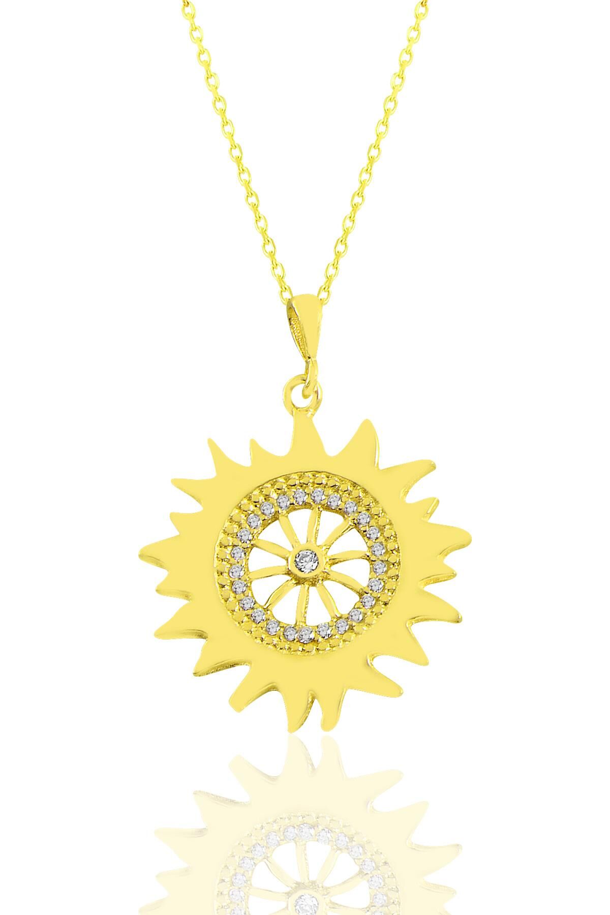 Gümüş altın yaldızlı zirkon taşlı şems kolye SGTL11037GOLD
