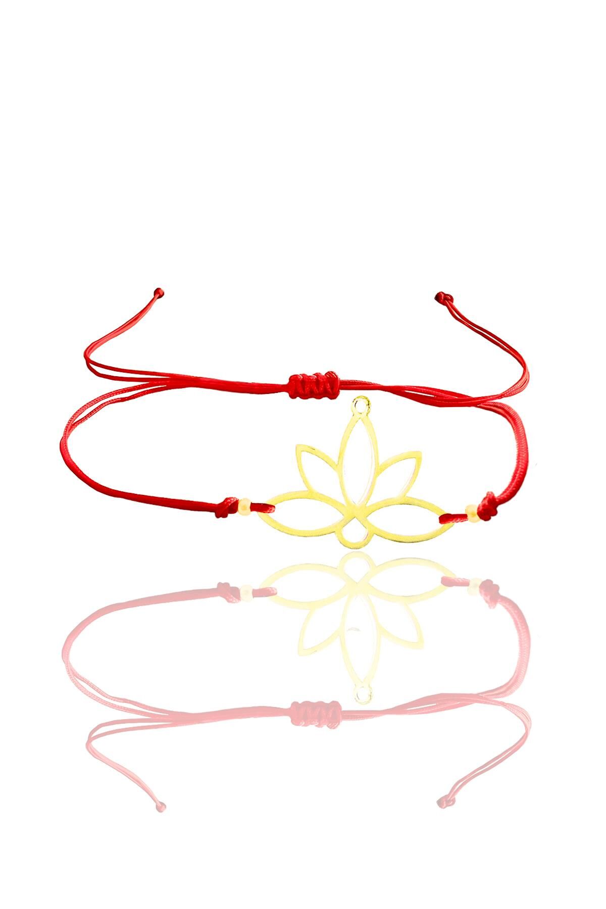Gümüş altın yaldızlı lotus yaşam çiçeği kırmızı ipli bileklik SGTL12059GOLD
