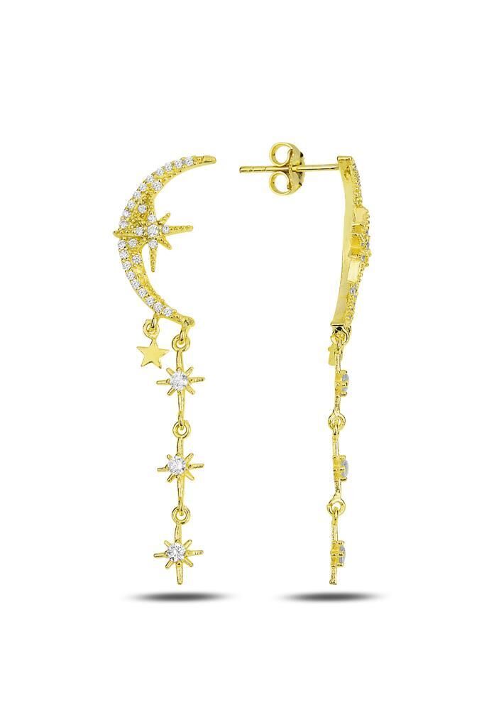 Gümüş altın yaldızlı zirkon taşlı tasarım ay , kutup yıldızı sallantılı küpe SGTL11915GOLD