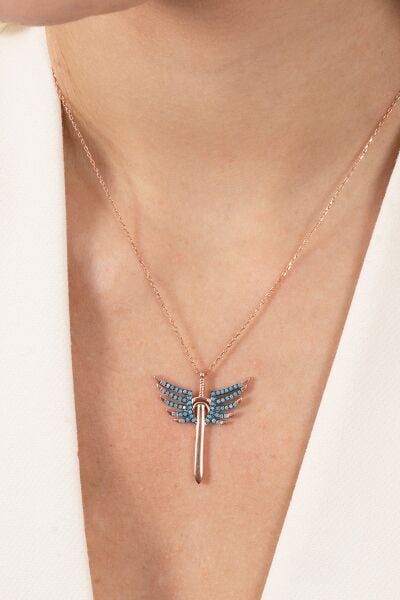 925 ayar gümüş kolye rose turkuaz taşlı kanatlı kılıç modeli kolye SGTL13143MAVI