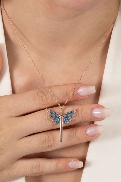 925 ayar gümüş kolye rose turkuaz taşlı kanatlı kılıç modeli kolye SGTL13143MAVI