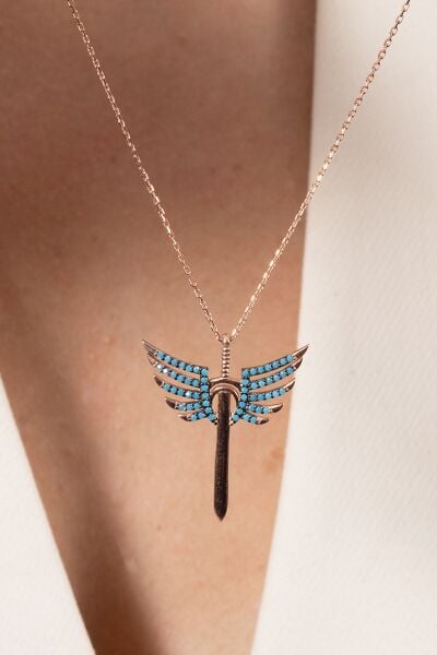 925 ayar gümüş kolye rose turkuaz taşlı kanatlı kılıç modeli kolye SGTL13143MAVI