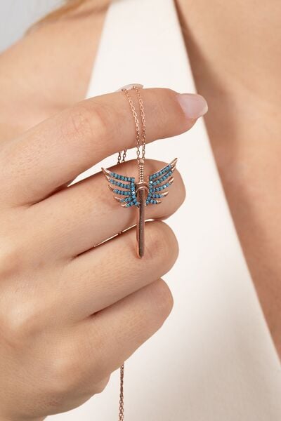925 ayar gümüş kolye rose turkuaz taşlı kanatlı kılıç modeli kolye SGTL13143MAVI