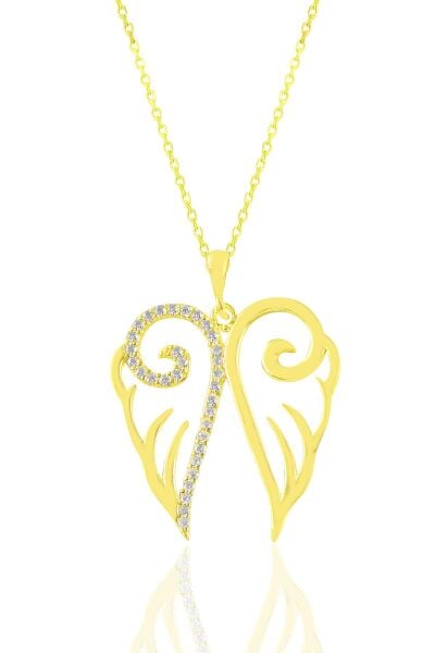 Gümüş altın yaldızlı zirkon taşlı işlemeli kanat kolye SGTL11035GOLD