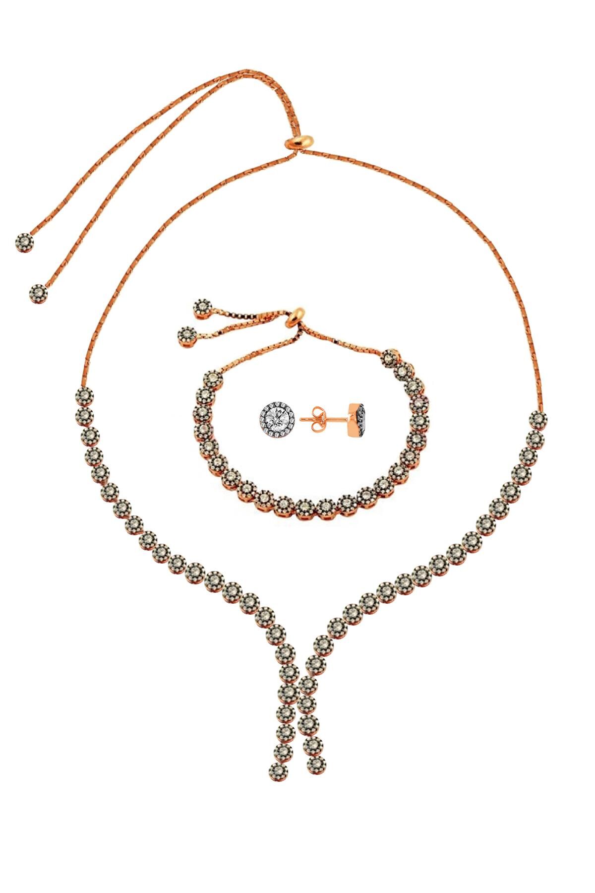 Gümüş rose elmas montürlü zirkon taşlı asansörlü set SGTL11586ROSE