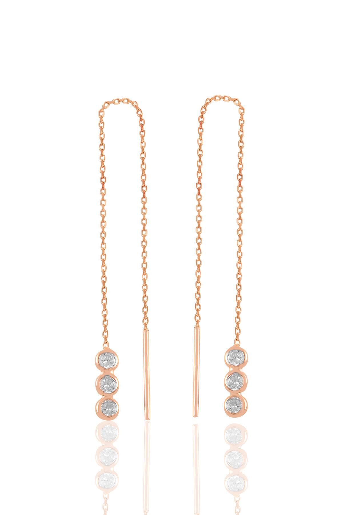 Gümüş rose zirkon taşlı pırıltılı zincir  küpe SGTL11364ROSE