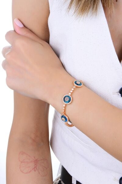 Gümüş rose zirkon taşlı üç nazar boncuklu cam göz su yolu bileklik SGTL12945ROSE