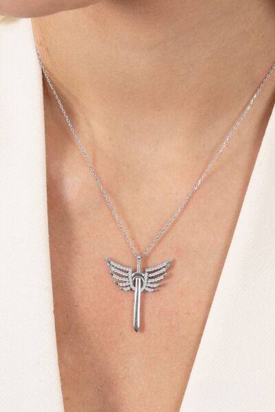 925 ayar gümüş kolye rodyumlu zirkon taşlı kanatlı kılıç modeli kolye SGTL13143RODAJ