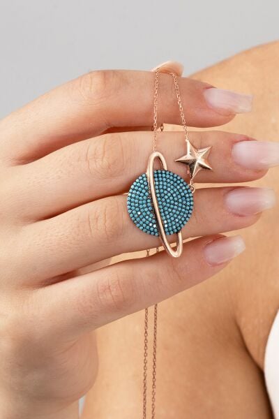 Gümüş rose turkuaz taşlı satürn gezegen kolye SGTL12512MAVI