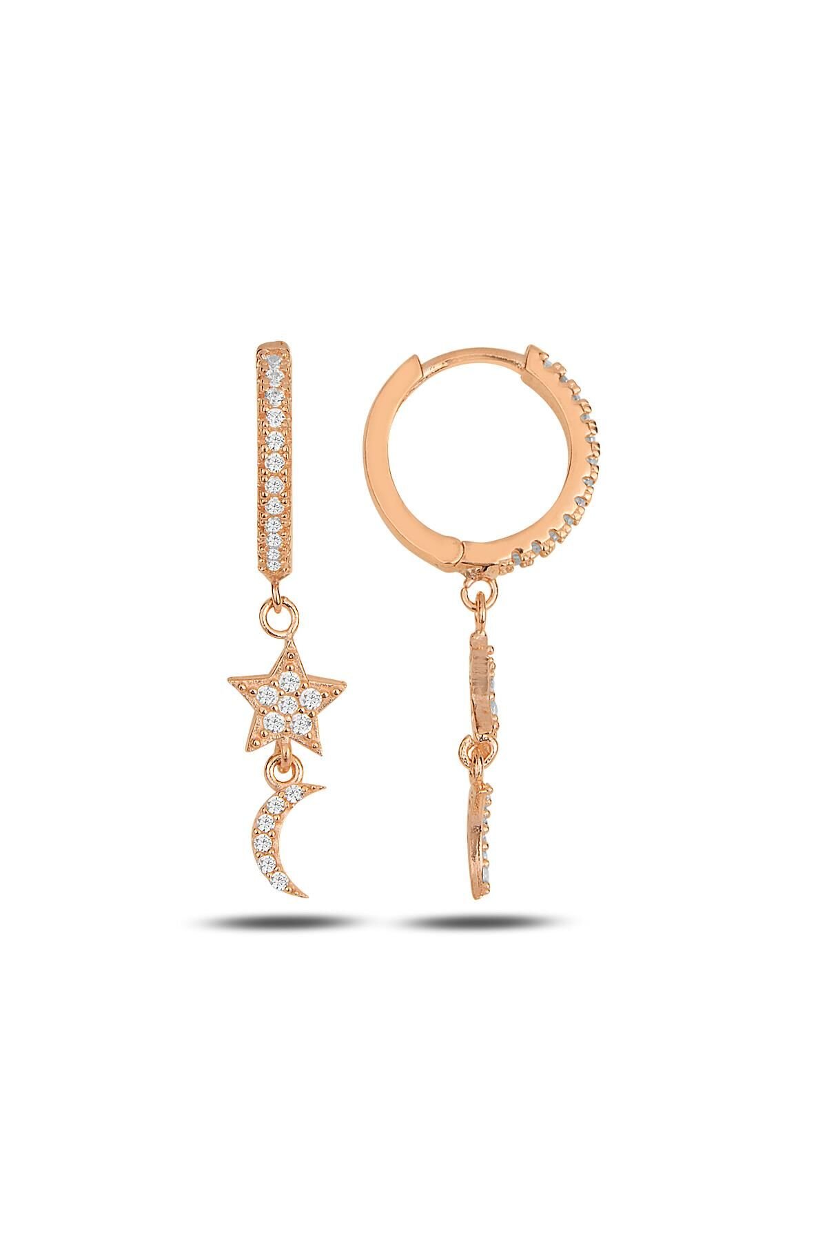 Gümüş rose zirkon taşlı ay yıldız halka küpe SGTL11913ROSE