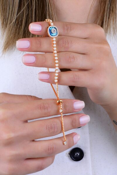 Gümüş rose zirkon taşlı kare nazar boncuklu asansörlü cam göz su yolu bileklik SGTL12946ROSE