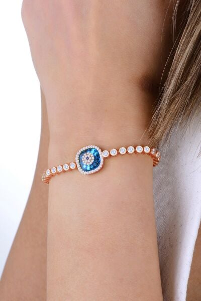 Gümüş rose zirkon taşlı kare nazar boncuklu asansörlü cam göz su yolu bileklik SGTL12946ROSE