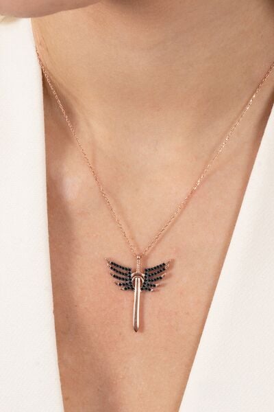 925 ayar gümüş kolye rose siyah taşlı kanatlı kılıç modeli kolye SGTL13143SIYAH