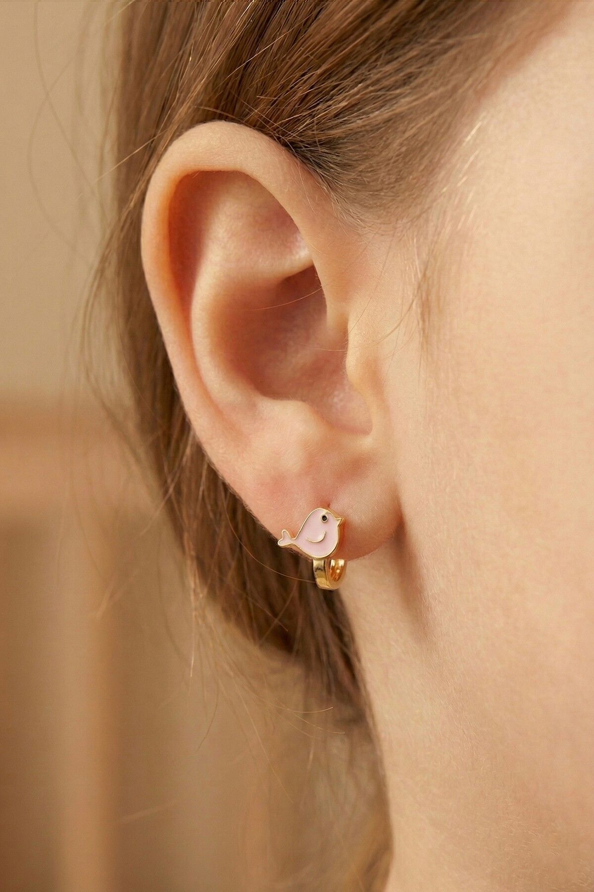 Gümüş altın yaldızlı mineli umut kuşu çocuk küpesi SGTL12583GOLD