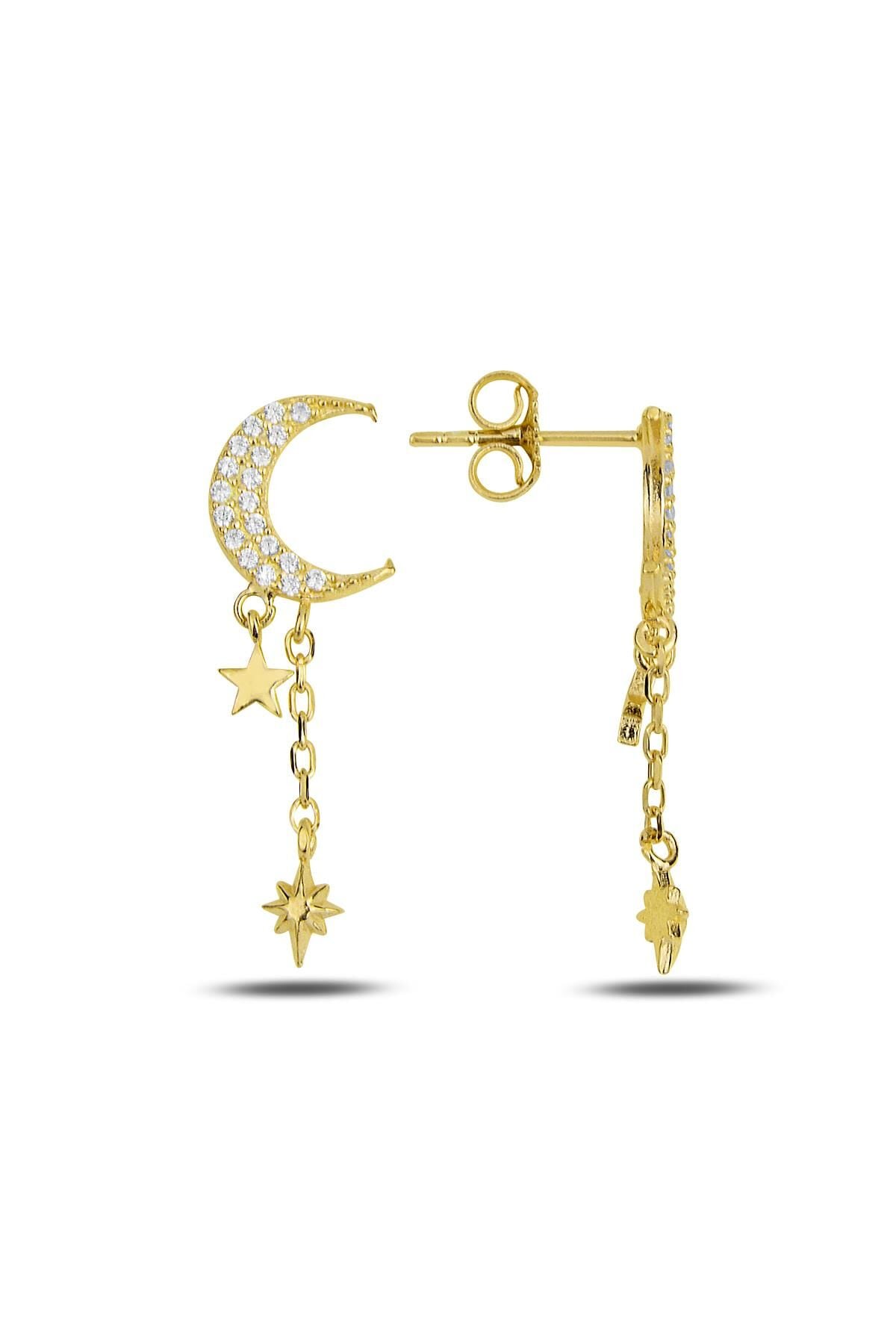 Gümüş altın yaldızlı zirkon taşlı ay yıldız  küpe SGTL11914GOLD