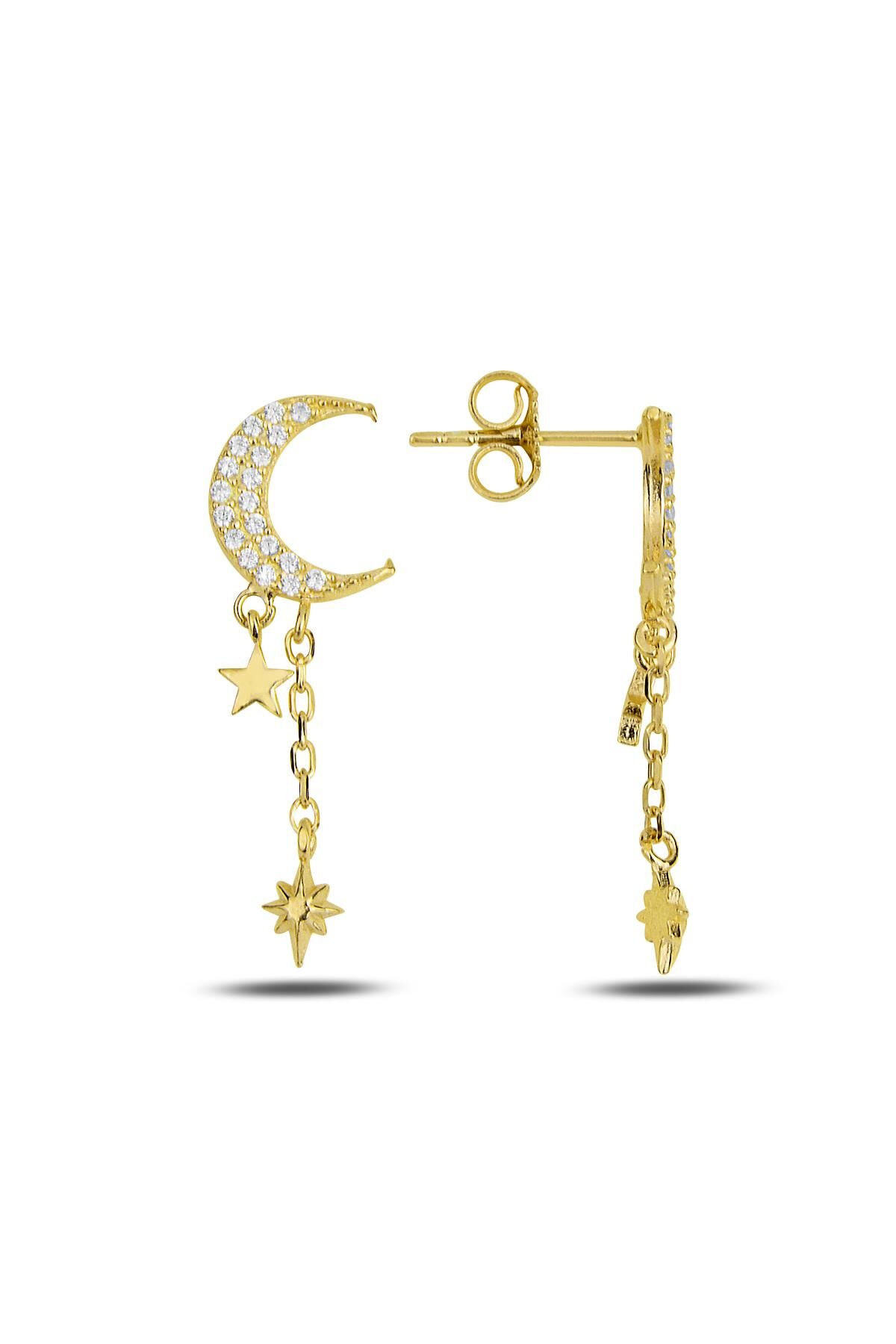 Gümüş altın yaldızlı zirkon taşlı ay yıldız  küpe SGTL11914GOLD